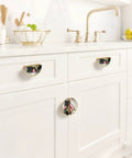 Two Pack Black Cat Peony Cabinet Handles with Gold Semicircle Drawer Pulls, 3 Inch Hole Center, Solid Zinc Alloy Hardware for Kitchen
