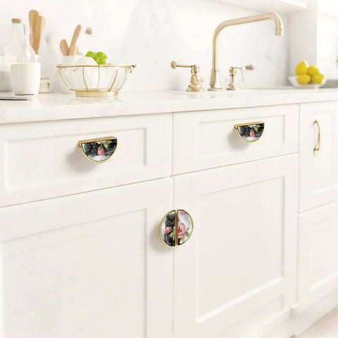 Two Pack Black Cat Peony Cabinet Handles with Gold Semicircle Drawer Pulls, 3 Inch Hole Center, Solid Zinc Alloy Hardware for Kitchen