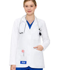 Women Lab Coat With Three Pockets Hip Length Long Sleeve White Pro Grade Coat For Medical Pros Lightweight Breathable Polyester Blend