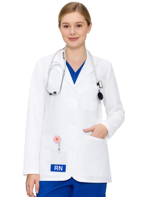 Women Lab Coat With Three Pockets Hip Length Long Sleeve White Pro Grade Coat For Medical Pros Lightweight Breathable Polyester Blend