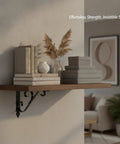 Wall with books and decor supported by Carbon Steel L-Shaped Shelf Bracket Heavy Duty Wall Mount Support For Floating Shelves