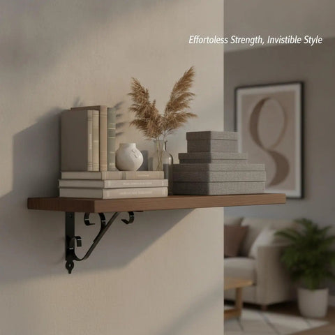 Wall with books and decor supported by Carbon Steel L-Shaped Shelf Bracket Heavy Duty Wall Mount Support For Floating Shelves