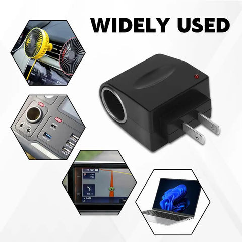 Dang Solid AC To DC Car Cigarette Lighter Adapter And Wall Plug Converter shown with devices in use, compact design, and dual pins.