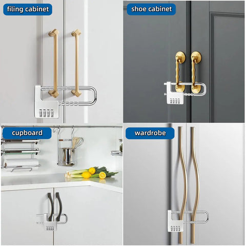 Adjustable 4-Digit Combination Cabinet Lock Padlock For Gym School Fences And Drawers Keyless U-Shaped Handle Lock shown on various cabinets.