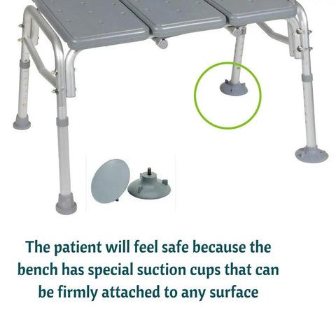 Heavy Duty Bariatric Tub Transfer Bench With Back, Adjustable Height, non-slip seat, sturdy legs with suction cups detail