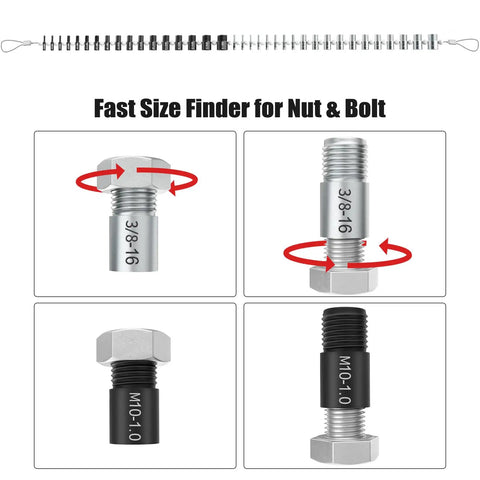 Pro Grade Upgraded Nut And Bolt Thread Checker With Detachable Wire Loop Inch And Metric Size Gauges 44 Male And Female Identifier Patent Design For Quick And Flexible Thread Sizing with fast size finder and threading directions.