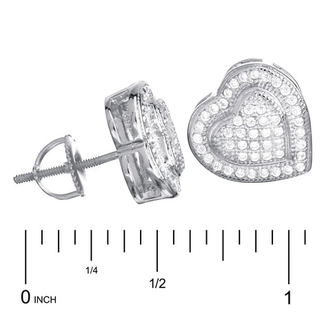 Solid Brass Micro Pave Double Heart Screw Back Stud Earrings with glittering stones, size 12mm, shown from two angles.