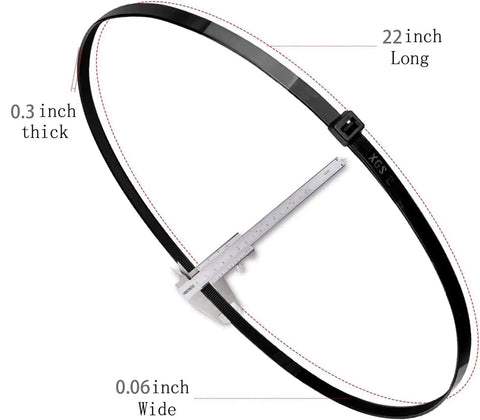 22 Inch Heavy Duty Zip Ties With 120 Pound Tensile Strength UV Resistant Black Cable Ties 50 Pack Industrial Grade Nylon PA66 UL Listed RoHS Compliant Environmentally Friendly For Bundling And Wire Management. Image of a single black zip tie measuring 22 inches long, 0.3 inches wide, and 0.06 inches thick, shown with a ruler for scale.