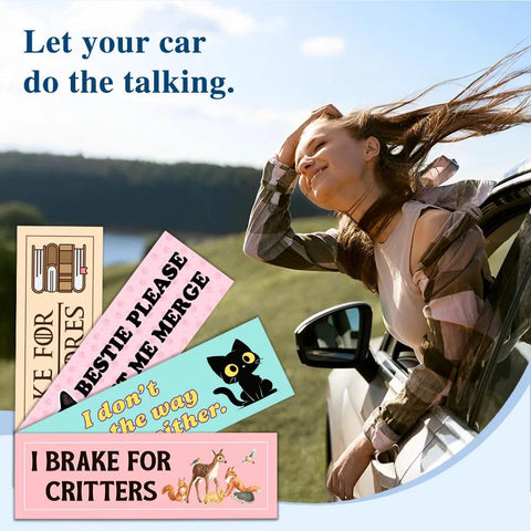 Car bumper magnets set: four waterproof pastel stickers with critter illustrations and messages.
