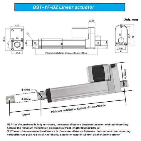 High Precision Electric Linear Actuator With Nema17 Stepper Motor And TB6600 Drive Kit dimensions diagram with measurements.