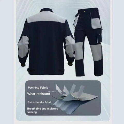 Heavy Duty Mens Work Suit Windproof Jacket And Multi Pocket Cargo Pants Set Reinforced Construction uniform with patching fabric.