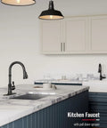 Matte Black Kitchen Faucet With Pull Down Sprayer, 3 Function Spray, Vintage Single Handle With Antique Brass Accent on marble countertop