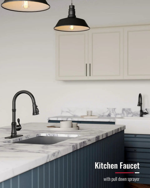 Matte Black Kitchen Faucet With Pull Down Sprayer, 3 Function Spray, Vintage Single Handle With Antique Brass Accent on marble countertop