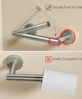 Brushed Nickel Toilet Paper Holder With Pivoting Double Post Wall Mount For Mega Jumbo Rolls Heavy Duty Stainless Steel Commercial Bathroom Dispenser For Home And Office Use Easy Install shown in stable and unstable positions.