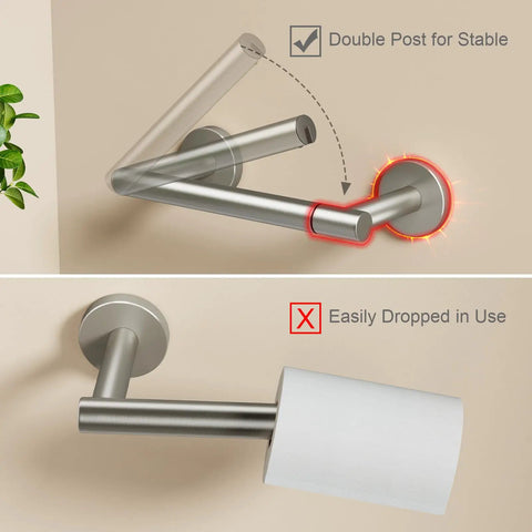 Brushed Nickel Toilet Paper Holder With Pivoting Double Post Wall Mount For Mega Jumbo Rolls Heavy Duty Stainless Steel Commercial Bathroom Dispenser For Home And Office Use Easy Install shown in stable and unstable positions.