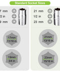 Socket sizes chart showing 17 mm, 19 mm, 21 mm, and 23 mm for Telescoping 4 Way Lug Wrench Extendable Half Inch Drive.