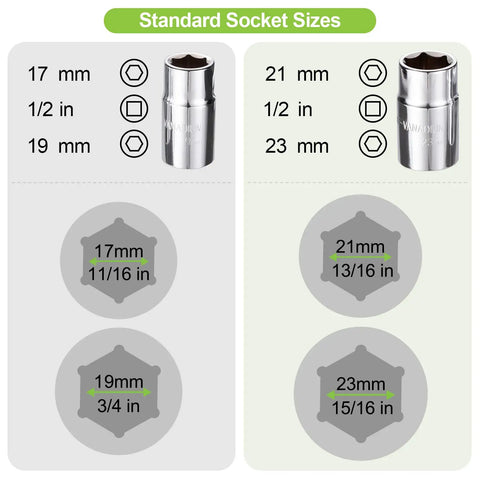 Socket sizes chart showing 17 mm, 19 mm, 21 mm, and 23 mm for Telescoping 4 Way Lug Wrench Extendable Half Inch Drive.