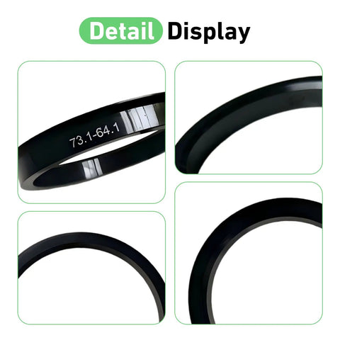 Close-up views of 4 Pack Wheel Hub Centric Rings 73 1 Outer To 64 1 Inner Diameter Plastic Bore Adapter Spacers Black.