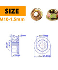 Anti Loosening Serrated Hex Flange Lock Nuts M10 x 1.5mm, detailed dimensions and diagrams, yellow zinc plated.
