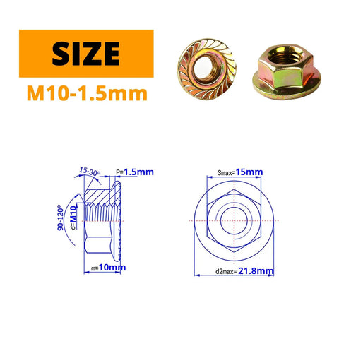Anti Loosening Serrated Hex Flange Lock Nuts M10 x 1.5mm, detailed dimensions and diagrams, yellow zinc plated.