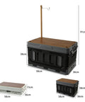 Huge Capacity Folding Storage Bin Built Like A Tank Stackable Wooden Lid Camping Crate shown with size dimensions for easy use.