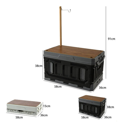 Huge Capacity Folding Storage Bin Built Like A Tank Stackable Wooden Lid Camping Crate shown with size dimensions for easy use.