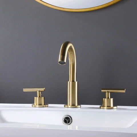 Brushed Gold Widespread Bathroom Faucet For 8 Inch Sinks Brass Deck Mounted Tap 3 Hole 2 Handle 360 Degree Swivel Spout