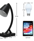 Dimmable Black Desk Lamp With USB A And USB C Ports Built In AC Outlet Rotary Dimmer Switch Bedside Nightstand Light size comparison