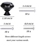 Slick Black Diamond Crystal Glass Drawer Knobs 30mm 10 Pack With Screws In Three Lengths 0.8in 1.0in 1.4in For Cabinets Dressers Cupboards Chests And Home Office Furniture, 1.18in