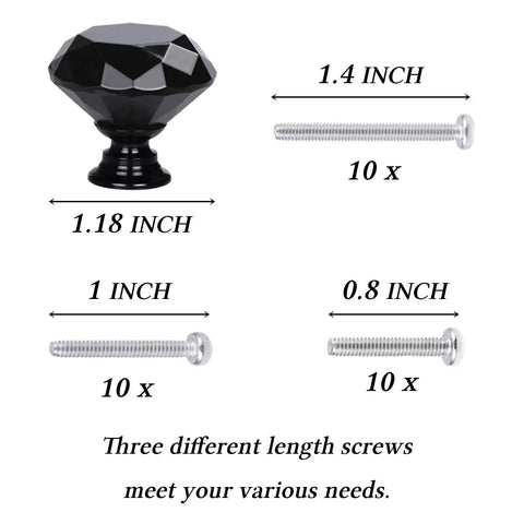 Slick Black Diamond Crystal Glass Drawer Knobs 30mm 10 Pack With Screws In Three Lengths 0.8in 1.0in 1.4in For Cabinets Dressers Cupboards Chests And Home Office Furniture, 1.18in