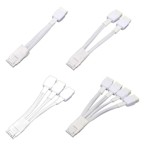 Set of four white braided 8-pin to 16-pin PCIe power cables with welded terminals for graphics cards