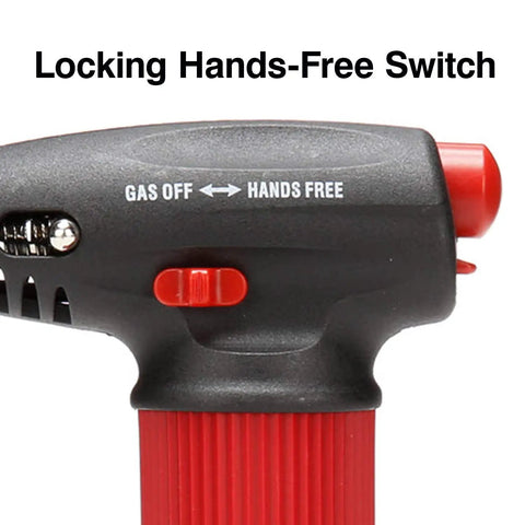 Close-up of Go To Professional Butane Torch Lighter MT 51 with locking hands-free switch and gas off option, red handle.