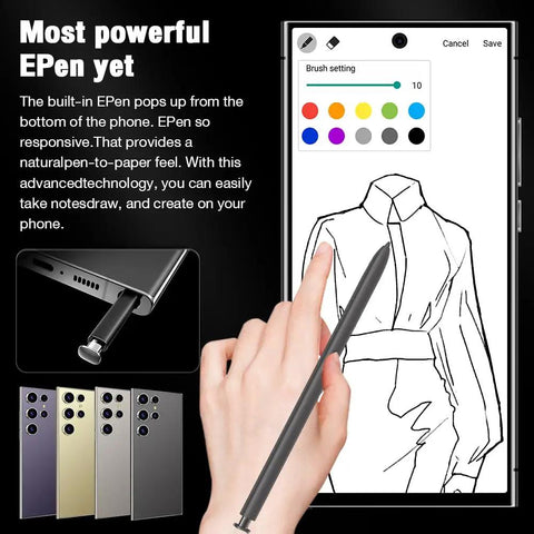 Crisp 6.8 Inch 5G Unlocked Android Cell Phone With S Pen showing hand drawing on screen with vibrant colors.