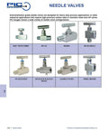 PIC Gauges needle valves catalog page displaying eight 1/4 in NPT stainless steel valve models.