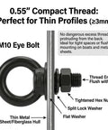 Beefy 6 Pack M8 X 0.55 Inch Stainless Steel Eye Bolts With Nuts And Lock Washers, side view on thin metal sheet