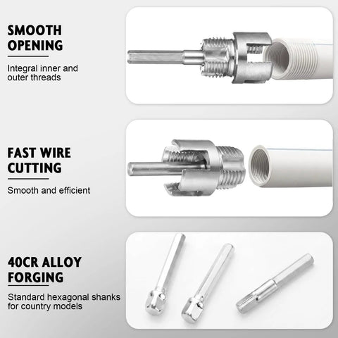 Heavy Duty 3 Piece Pipe Thread Cutting Tool Kit For Electric Drill components showing smooth internal and external thread cutting in PVC.
