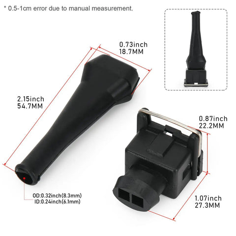 Knockout 10 Piece EV1 Fuel Injector Connectors For Every Ride Solid Gold Plated Pins With Slick Fit Rubber Boots showing dimensions and detailed design for automotive use.
