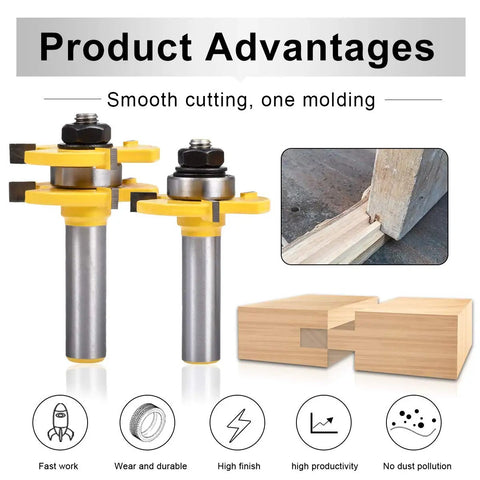 Solid Two Piece Tongue And Groove Router Bit Set With Half Inch Shank and Quarter Inch Cutters for smooth wood milling.