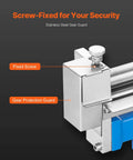 Close-up of stainless steel gear guard with fixed screw on Beefy Slip Roll Metal Forming Machine 12.6 Inch With Detachable Rollers