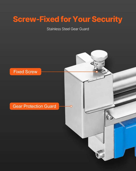 Close-up of stainless steel gear guard with fixed screw on Beefy Slip Roll Metal Forming Machine 12.6 Inch With Detachable Rollers