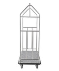 Front view of a hotel luggage cart with brushed stainless steel finish and grey carpeted deck bellman valet cart with 6 inch rubber wheels.