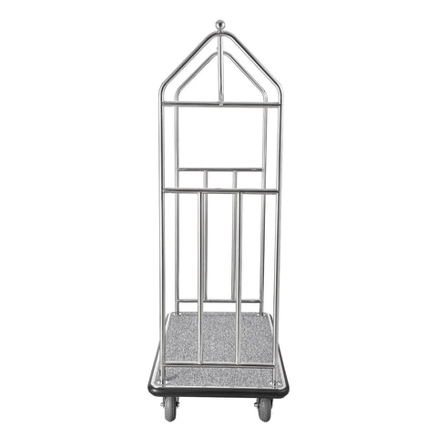 Front view of a hotel luggage cart with brushed stainless steel finish and grey carpeted deck bellman valet cart with 6 inch rubber wheels.