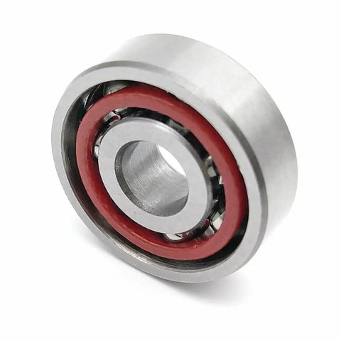Top Notch Hella Precision Abec Five Single Row Angular Contact Ball Bearing Metric Frame With 15 Degree Contact Angle and Rock Solid Five By Sixteen By Five Millimeter Specs built for fast spin applications, viewed from an angle.