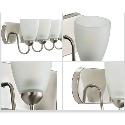 Close-up of Five-Light Bath Vanity Light with etched glass in brushed nickel, showcasing traditional style and spa vibe elegance.
