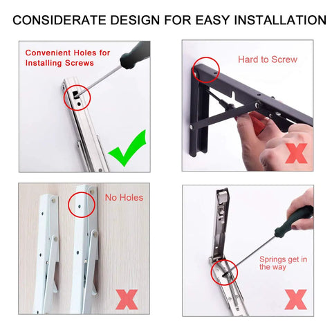 Heavy Duty Folding Shelf Brackets 16 Inch Stainless Steel Supports Collapsible Shelf Bracket For Table And Work Bench 330 Lb Max Load Space Saving DIY Bracket Pack Of 2 shown with installation guide highlighting convenient screw holes.