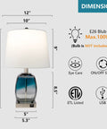 Coastal Glass Table Lamp Set Of 2 For Living Room And Nightstand Blue Bedside Lamps With USB Port 3 Way Dimmable Bedroom Lights