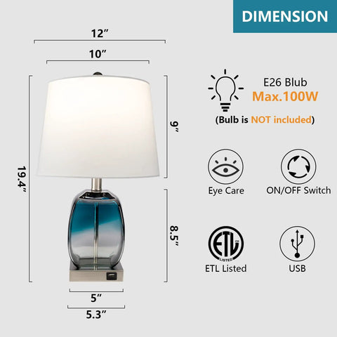 Coastal Glass Table Lamp Set Of 2 For Living Room And Nightstand Blue Bedside Lamps With USB Port 3 Way Dimmable Bedroom Lights