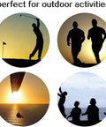 Silhouetted figures engaging in outdoor activities like running, golfing, paragliding, and relaxing by the water at sunset.