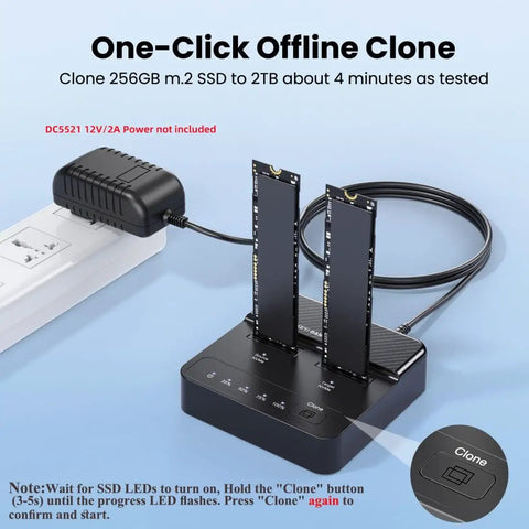 Dual Bay M.2 NVMe SSD Cloner Dock and Enclosure With USB 3.2 Gen 2X2 Boasting 20gbps Speeds for easy offline cloning.