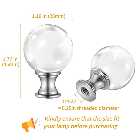 Crystal Diamond Glass Lamp Finials With 1/4-27 Inch Threaded Base 2 Pack Dope Shine Silver Aluminum Cap Elegant Decorative Accessory For Table And Floor Lamps, 1.77 in
